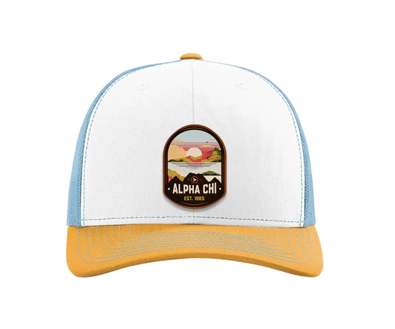 Alpha Chi Omega Richardson 112 UV Print Leatherette Patch Trucker Hat - Ventura White Blue Yellow Trucker Hat