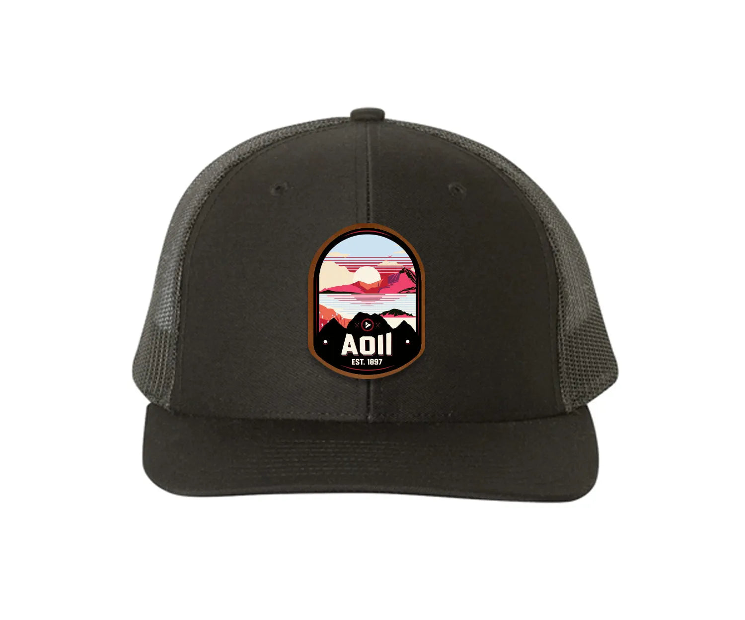Alpha Omicron Pi Richardson 112 UV Print Leatherette Patch Trucker Hat - Ventura Black Black Trucker Hat
