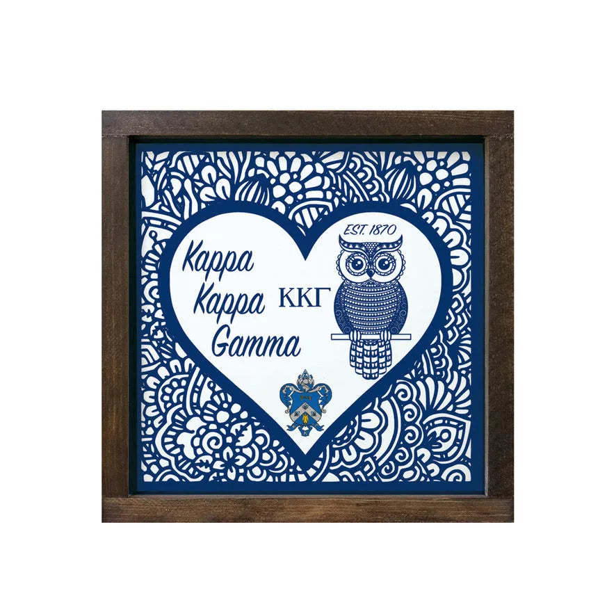 Kappa Kappa Gamma 12x12 Wood Framed Sign - Mandala Heart Walnut Stain Wall Art & Signs