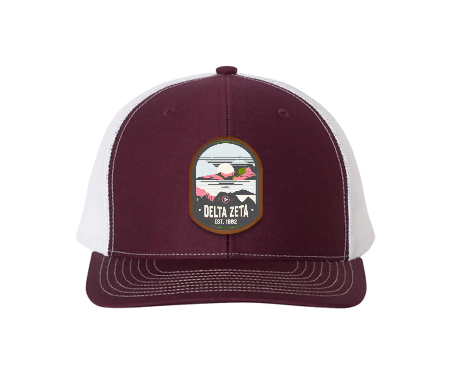 Delta Zeta Richardson 112 UV Print Leatherette Patch Trucker Hat - Ventura Maroon White Trucker Hat