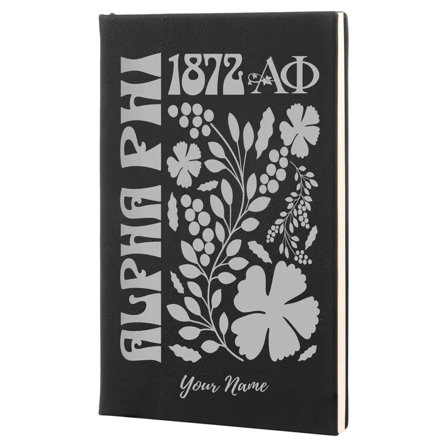 Alpha Phi Personalized Leatherette Notebook Journal - Retro Floral