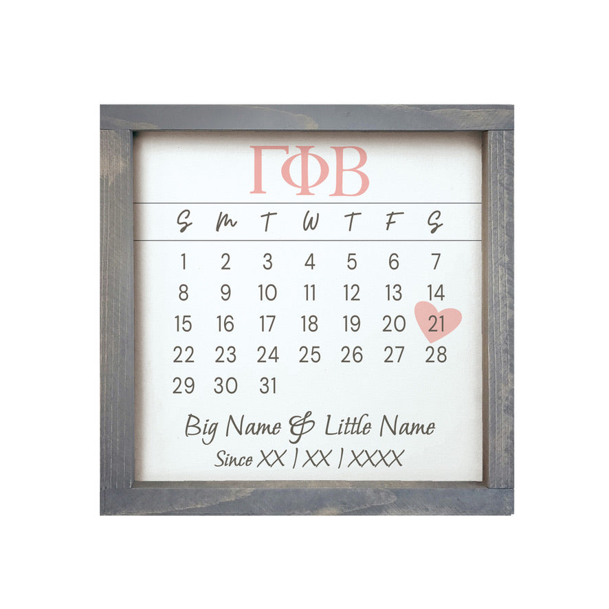 Gamma Phi Beta Personalized Big Little Calendar Framed Sign - 12x12