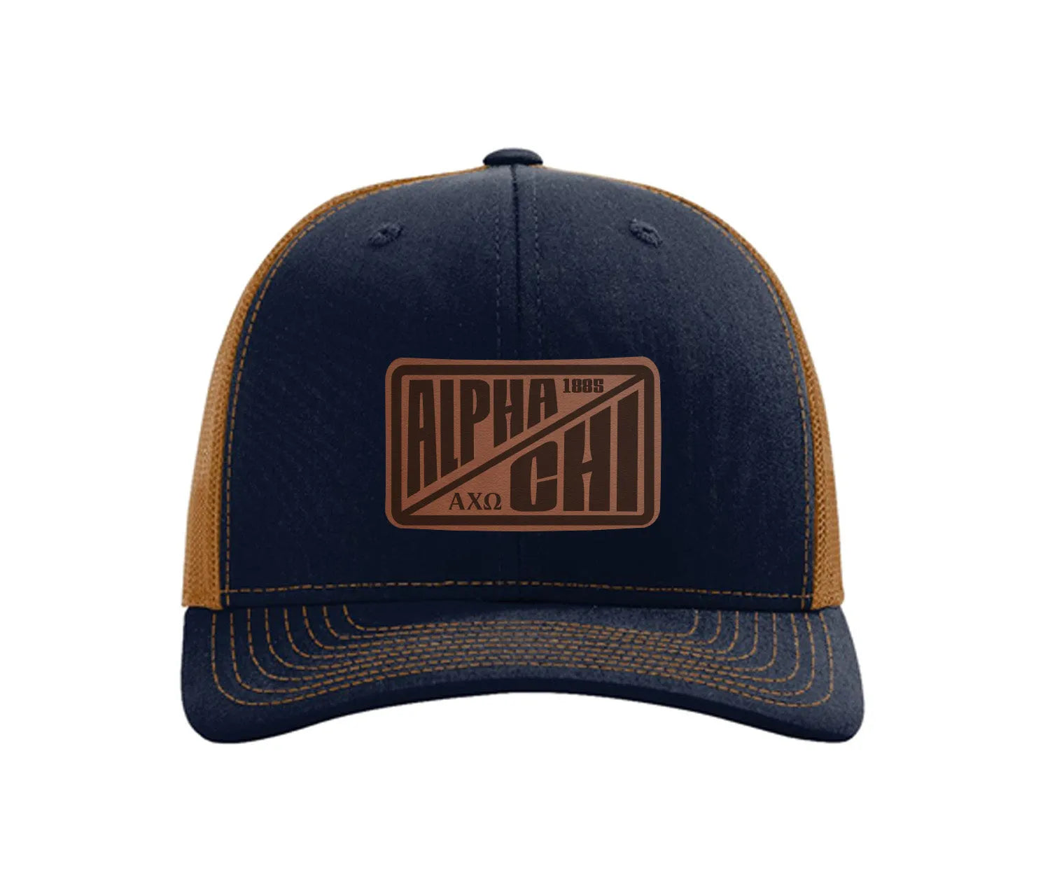 Alpha Chi Omega Richardson 112 Leatherette Patch Trucker Hat - Divide Navy Caramel Trucker Hat