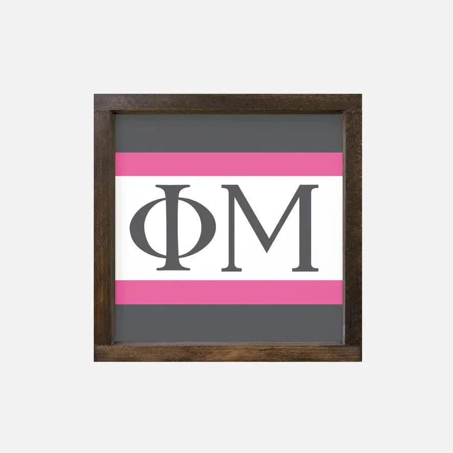 Phi Mu 12x12 Wood Framed Sign - Greek Letters & Stripes Walnut Stain Wall Art & Signs