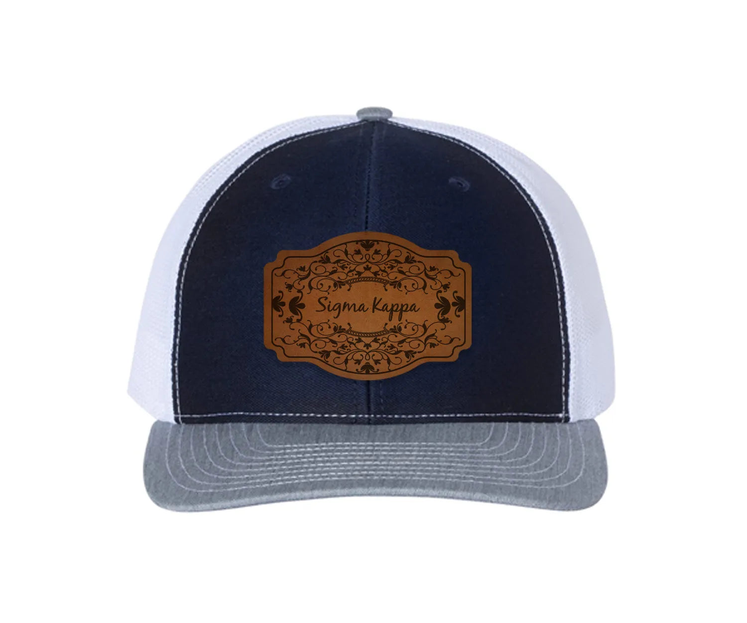 Sigma Kappa Richardson 112 Leatherette Patch Trucker Hat - Scroll Navy White Heather Gray Trucker Hat