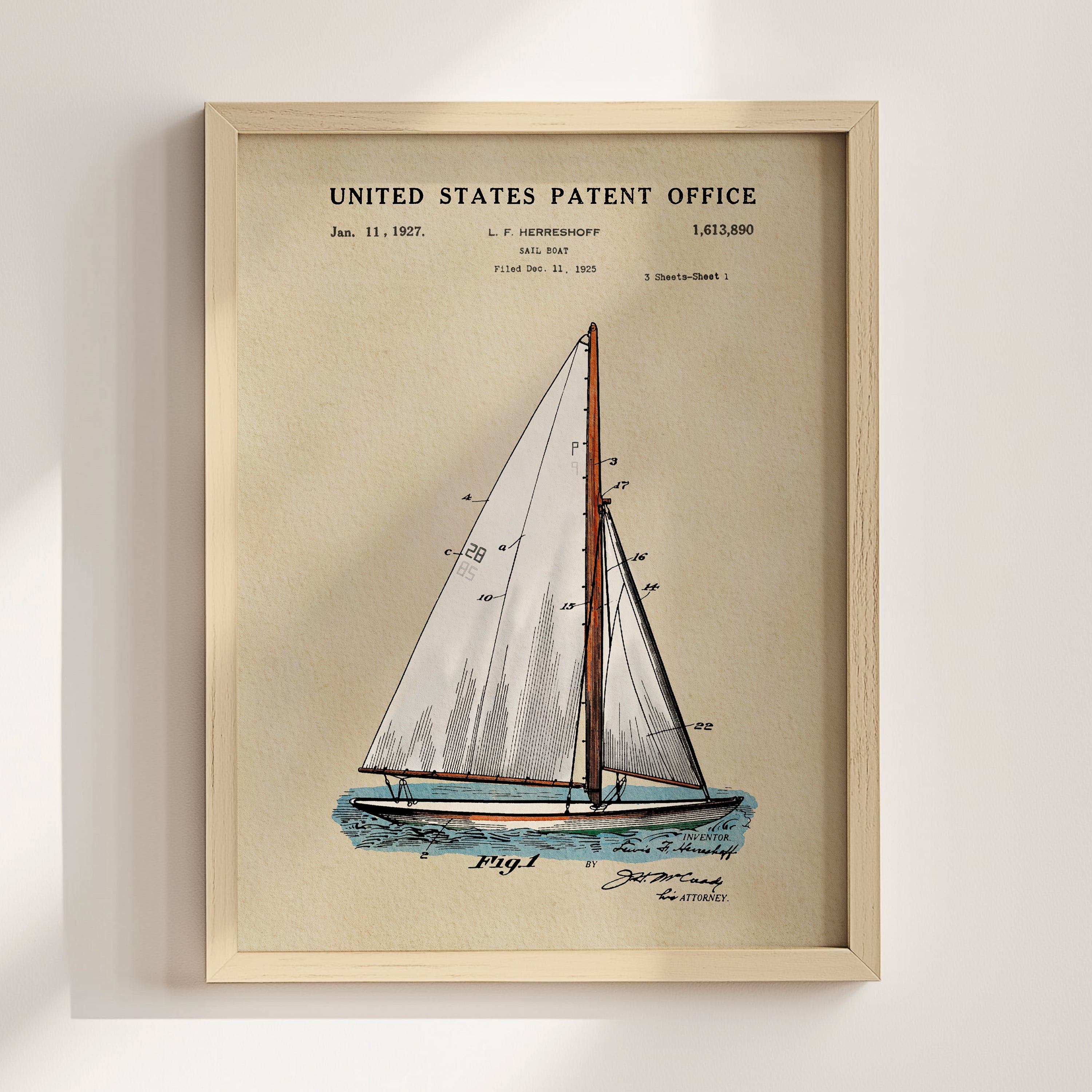 Herreshoff Sailboat US Patent Art Print | Nautical Coastal Dorm Decor