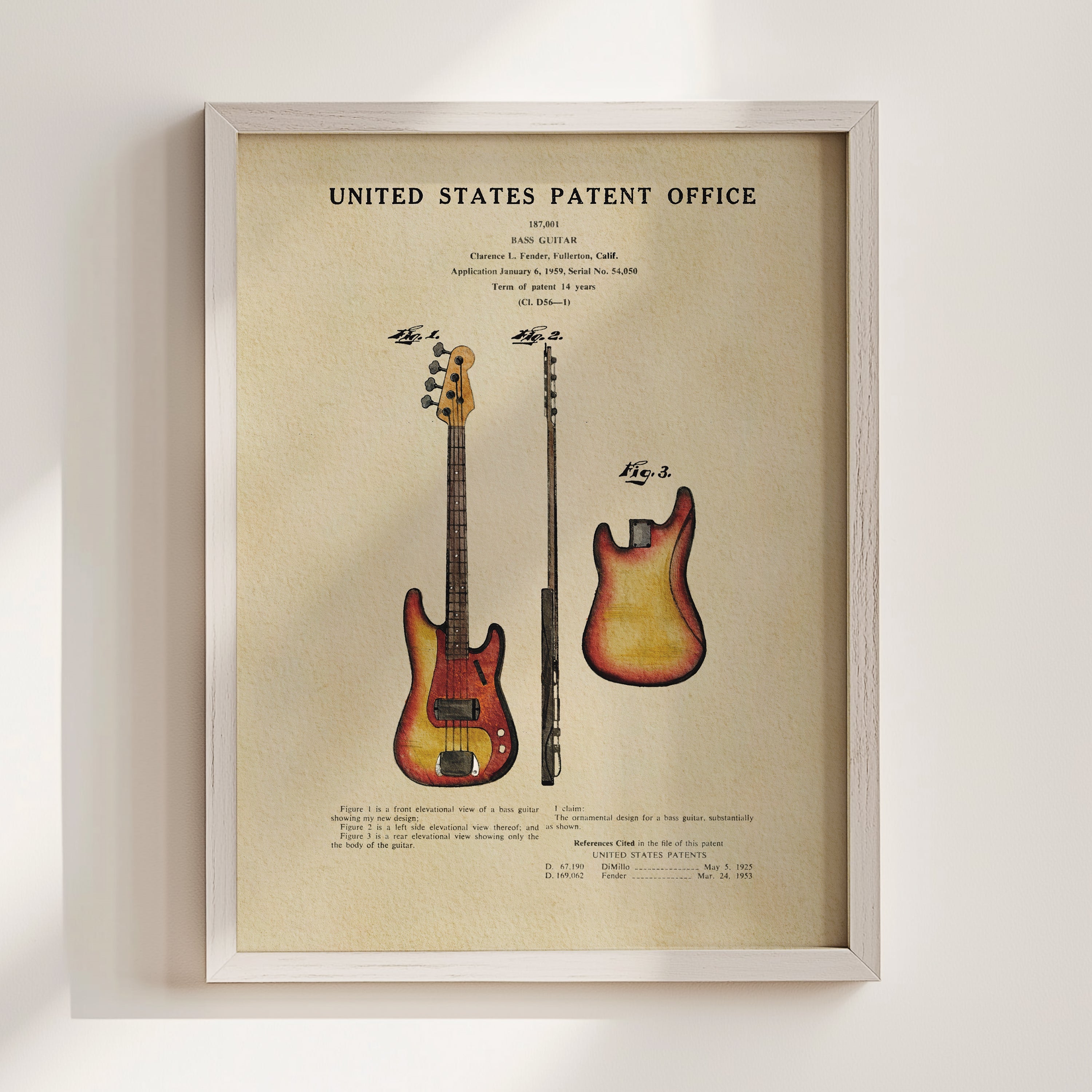 Fender Bass Guitar US Patent Art Print | Music-Themed Dorm Decor