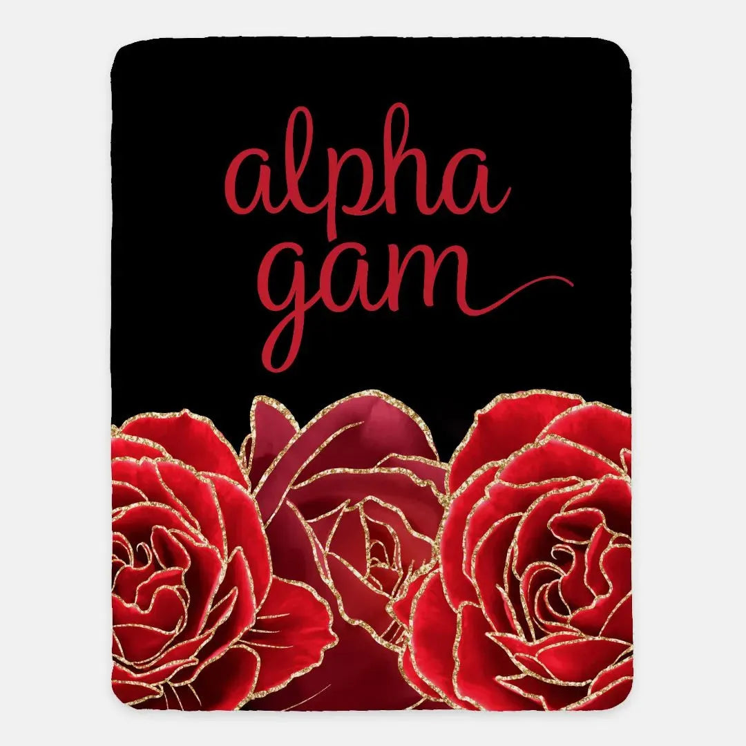 Alpha Gam XL 60x80 Sherpa Throw Blanket - Glam Roses Throw Blankets