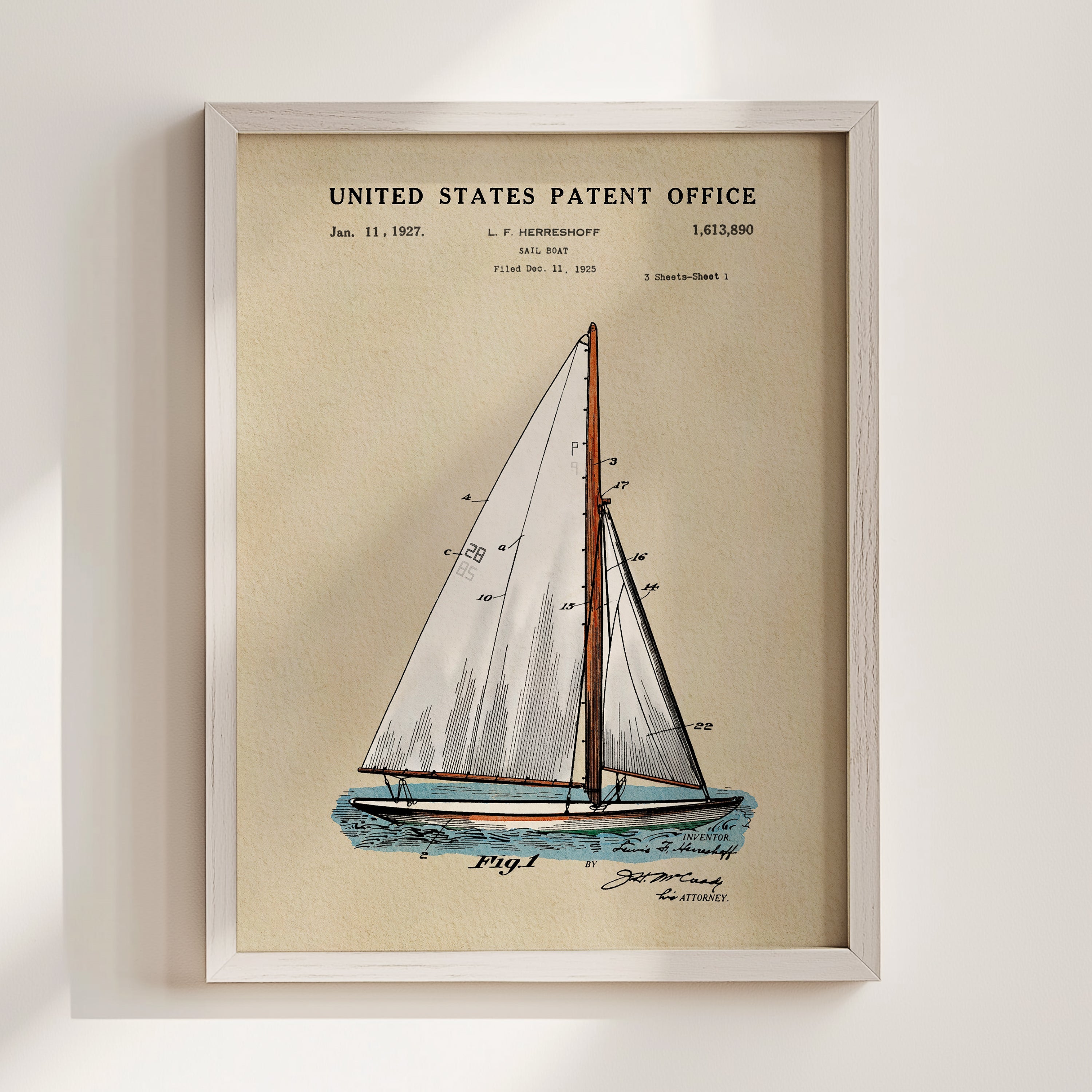 Herreshoff Sailboat US Patent Art Print | Nautical Coastal Dorm Decor
