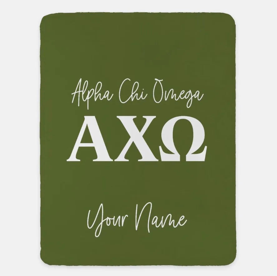 Personalized Alpha Chi Omega XL 60x80 Sherpa Blanket Olive Throw Blankets