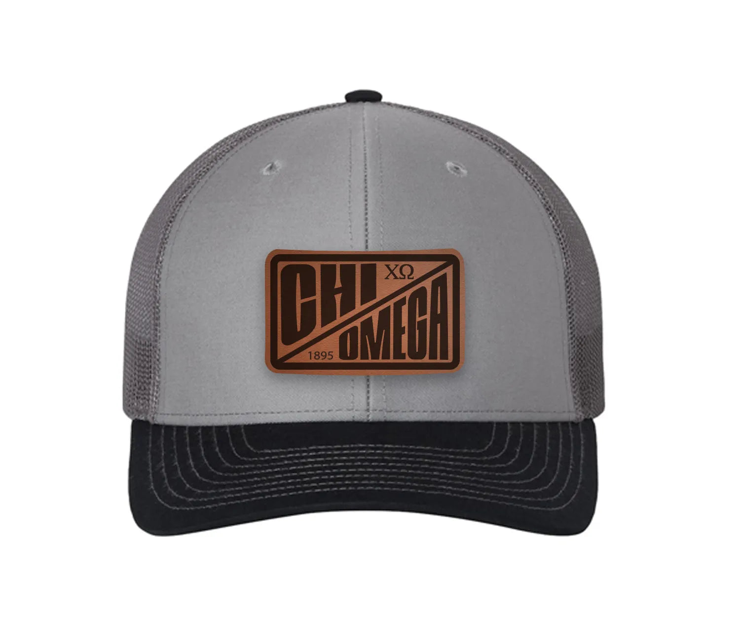 Chi Omega Richardson 112 Leatherette Patch Trucker Hat - Divide Gray Charcoal Navy Trucker Hat