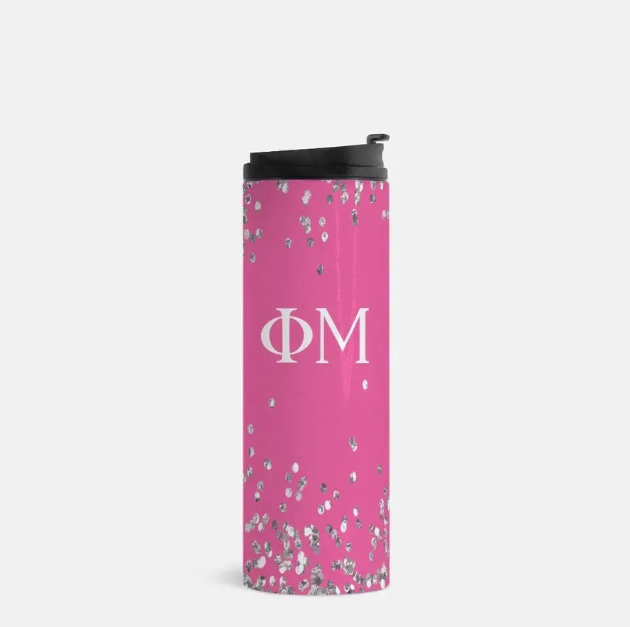 Phi Mu Thermal Tumbler - Glitter 16 oz. Carnation Drinkware