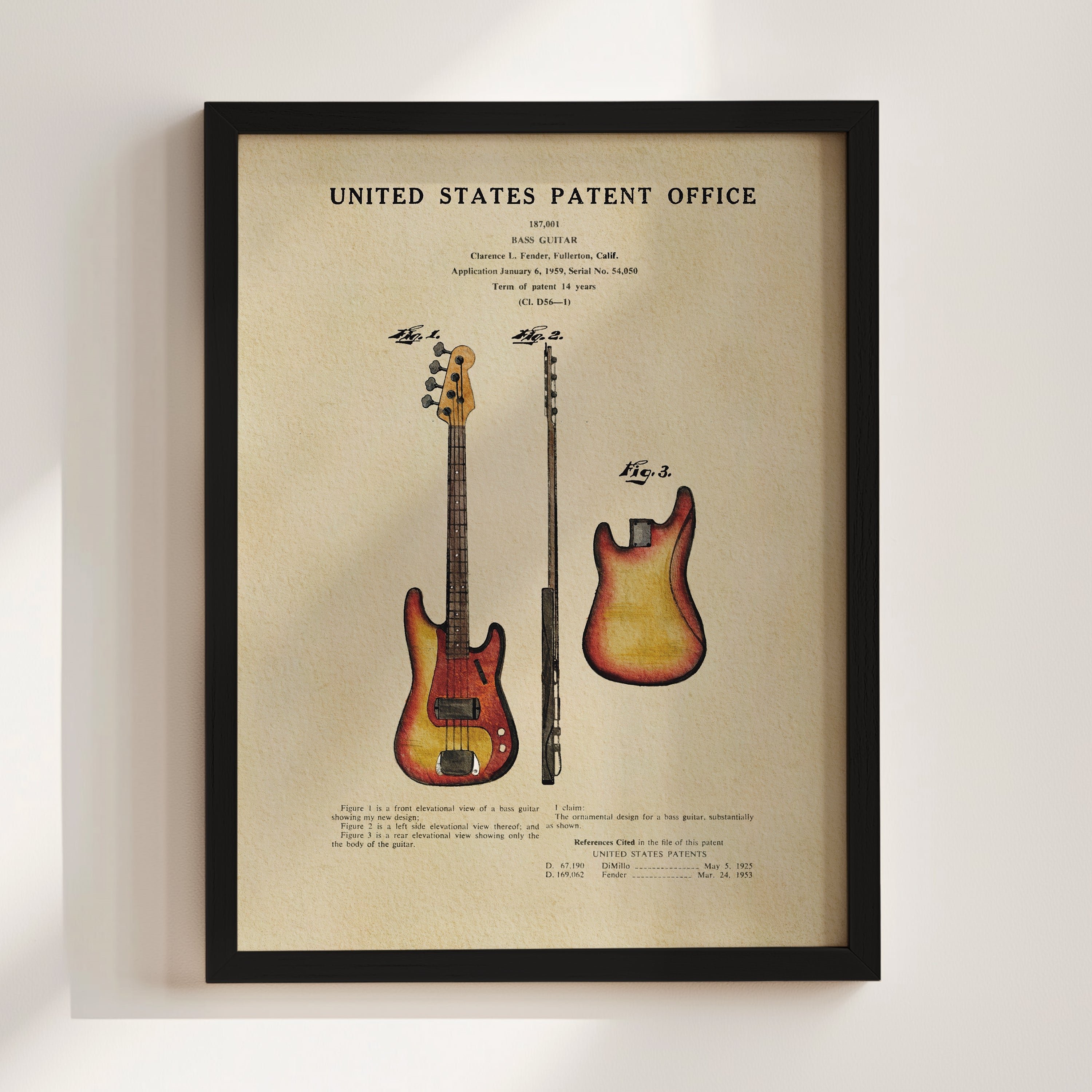 Fender Bass Guitar US Patent Art Print | Music-Themed Dorm Decor
