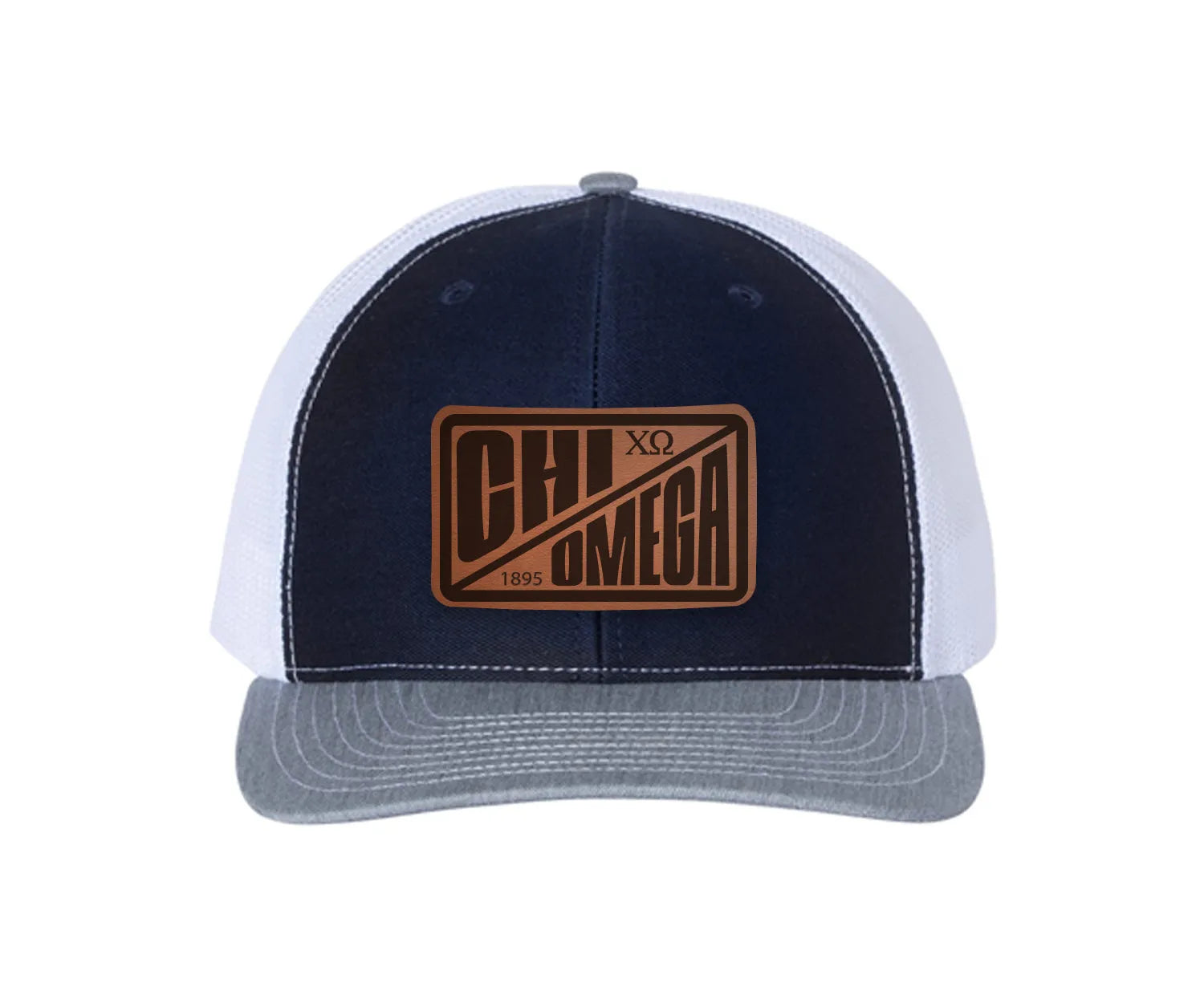 Chi Omega Richardson 112 Leatherette Patch Trucker Hat - Divide Navy White Heather Gray Trucker Hat