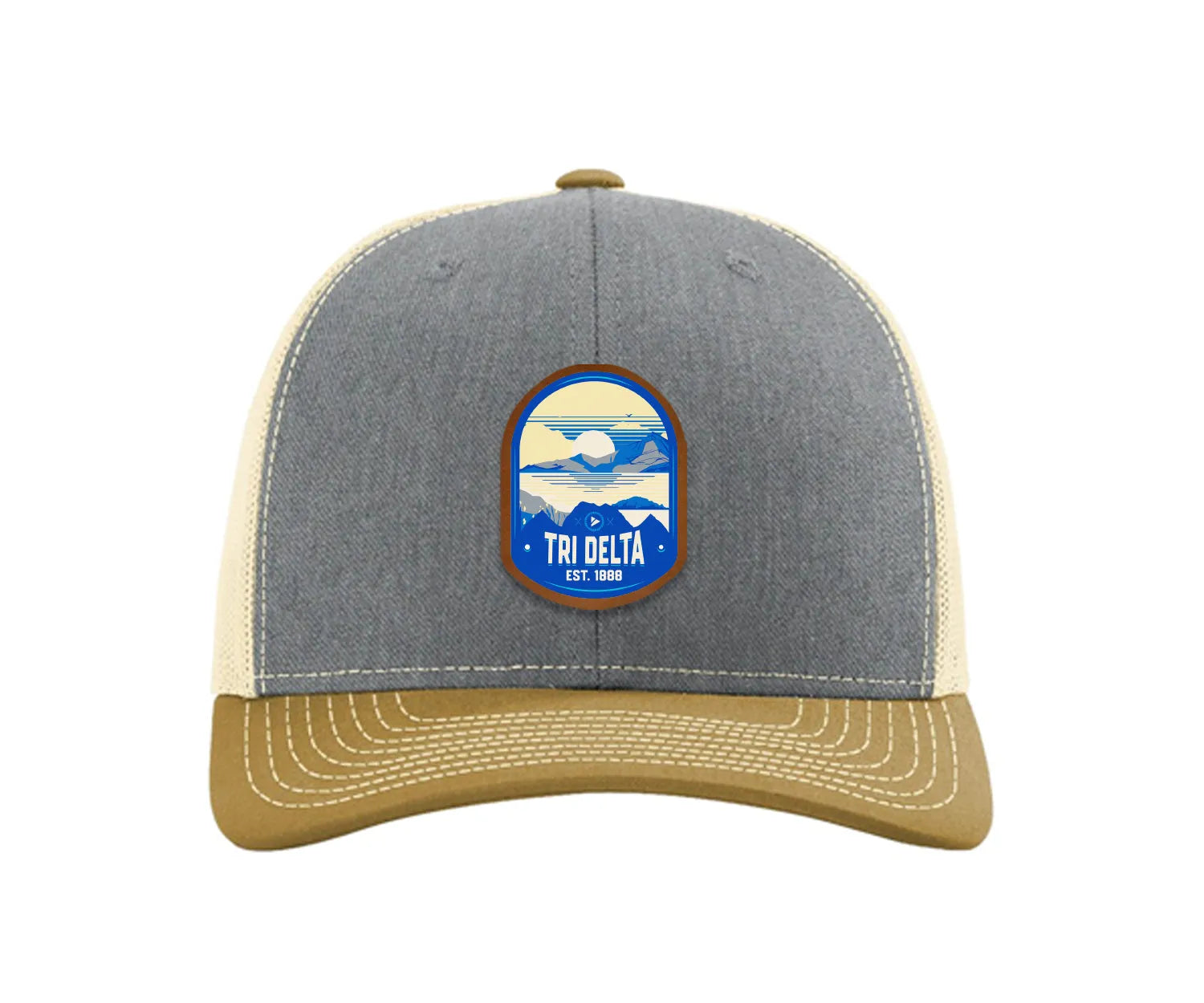 Tri Delta Richardson 112 UV Print Leatherette Patch Trucker Hat - Ventura Heather Gray Birch Amber Gold Trucker Hat