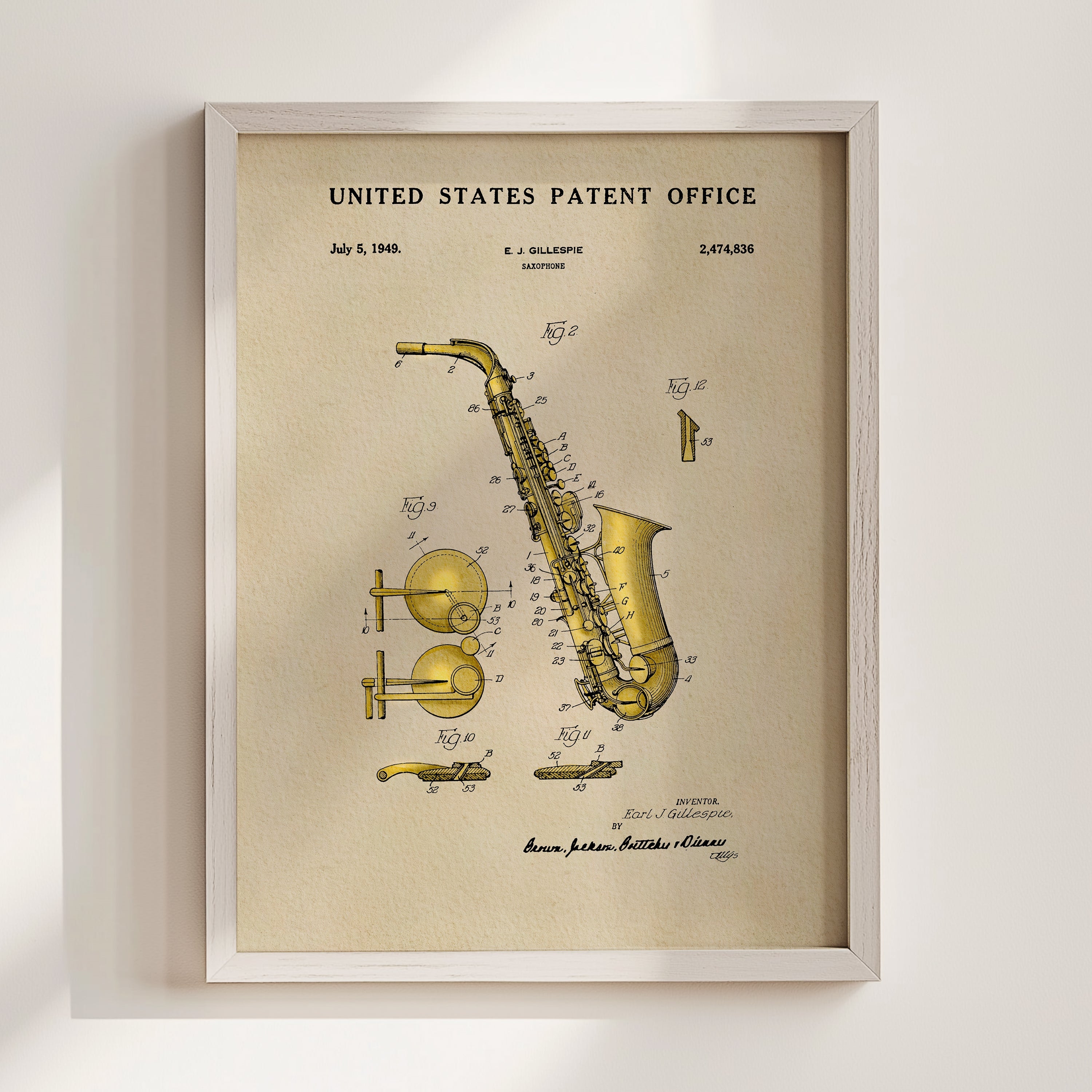 Saxophone US Patent Art Print | Music Themed Dorm Decor