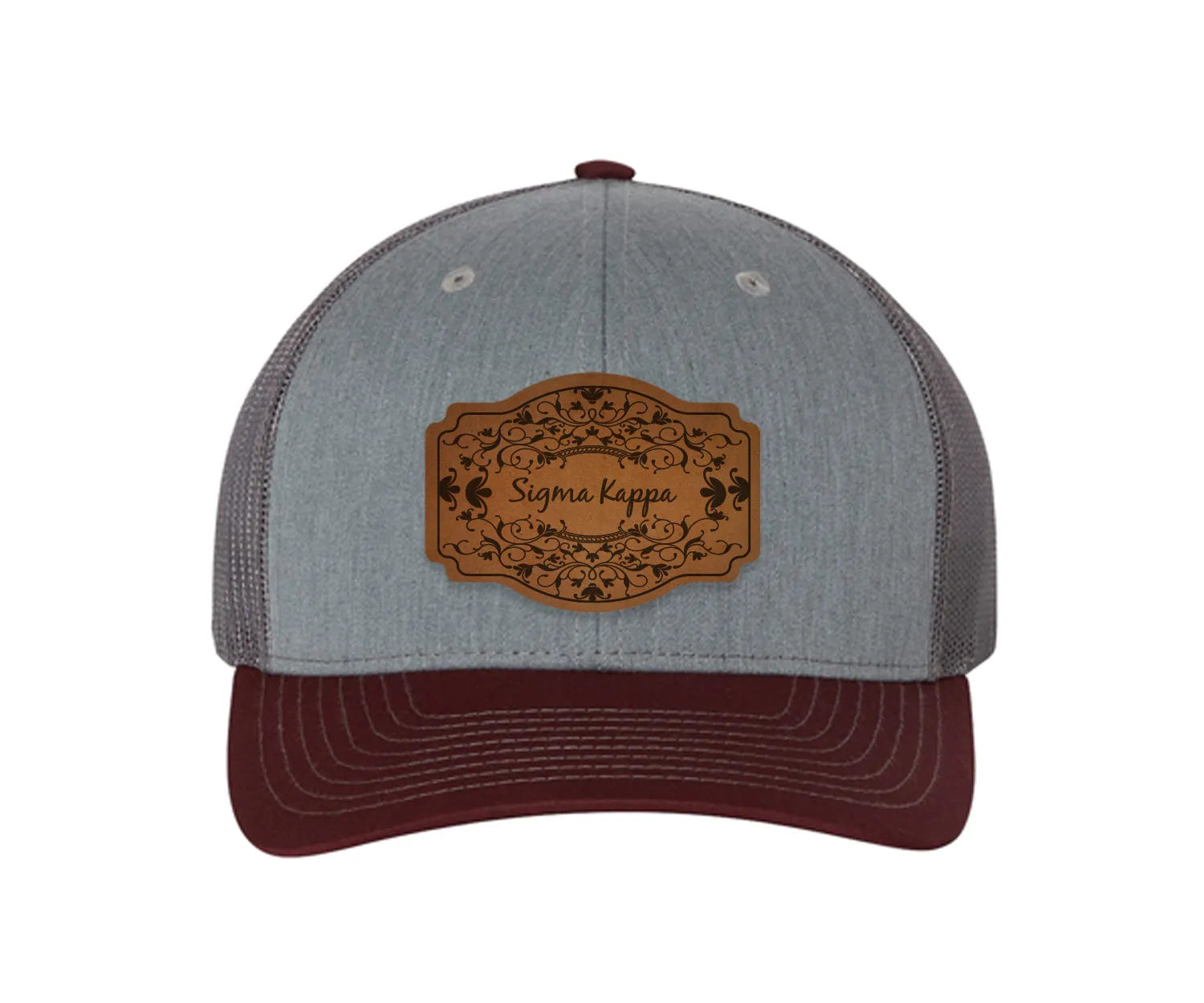 Sigma Kappa Richardson 112 Leatherette Patch Trucker Hat - Scroll Heather Gray Charcoal Maroon Trucker Hat