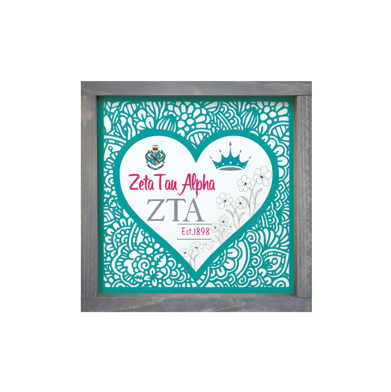 Zeta Tau Alpha 12x12 Wood Framed Sign - Turquoise Mandala Heart | ZTA Gifts