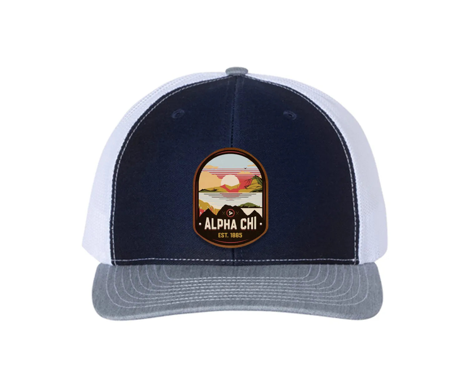 Alpha Chi Omega Richardson 112 UV Print Leatherette Patch Trucker Hat - Ventura Navy White Heather Cray Trucker Hat