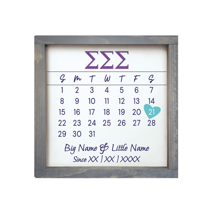 Tri Sigma Personalized Big Little Calendar Framed Sign - 12x12