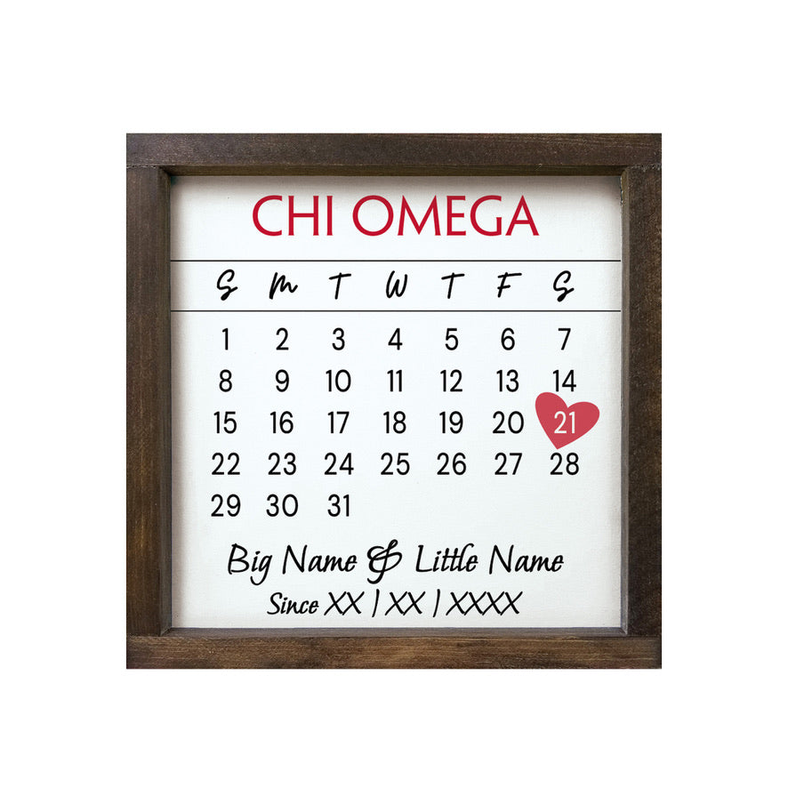 Chi Omega Personalized Big Little Calendar Framed Sign - 12x12