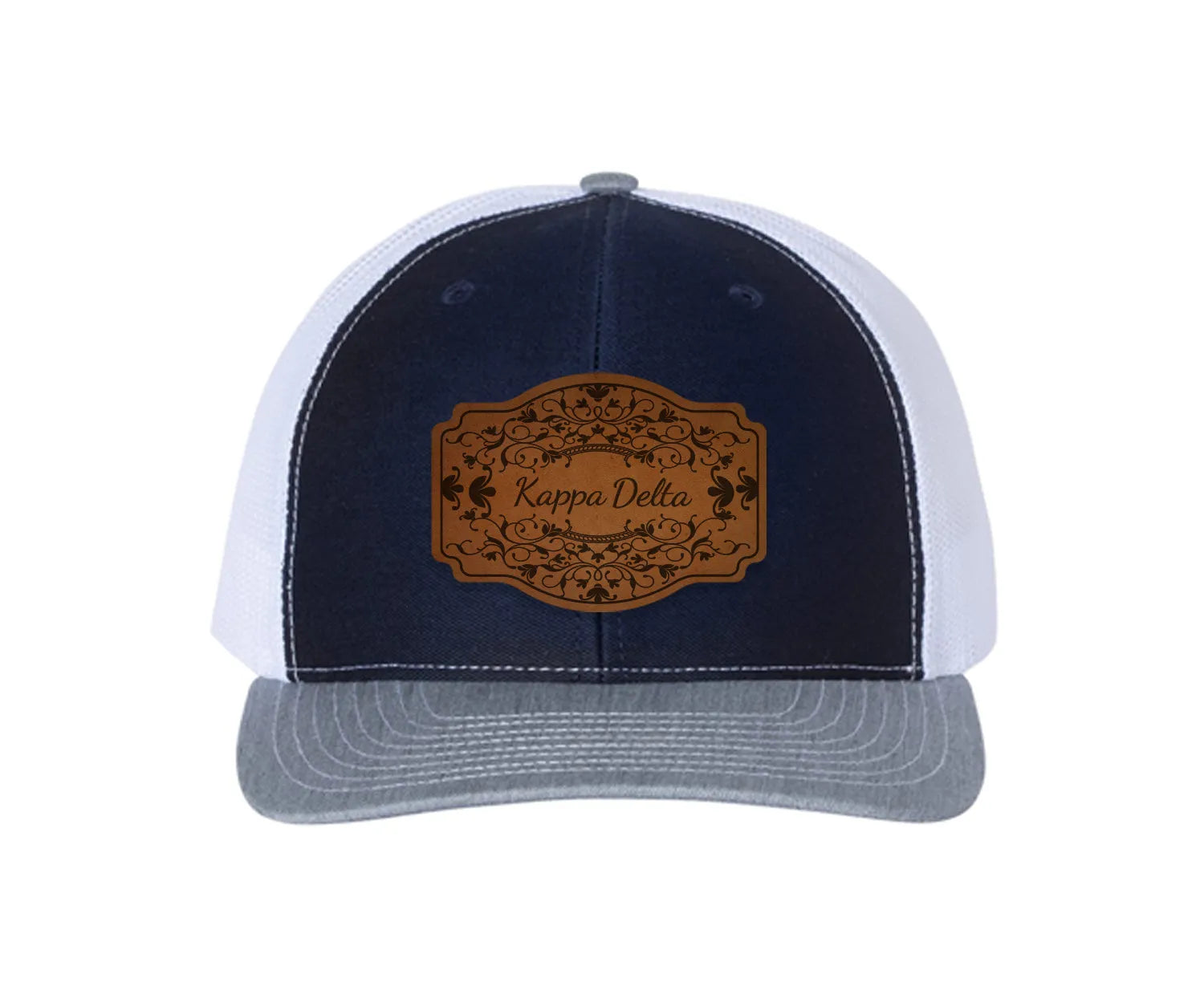 Kappa Delta Richardson 112 Leatherette Patch Trucker Hat - Scroll Navy White Heather Gray Trucker Hat