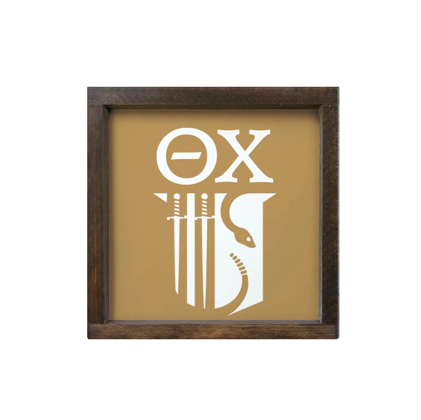 Theta Chi 12x12 Wood Framed Sign - Shield Gold Walnut Stain Wall Art & Signs
