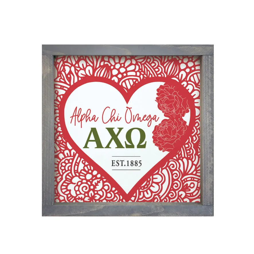 Alpha Chi Omega 12x12 Wood Framed Sign -Mandala Heart Weathered Gray Wall Art & Signs