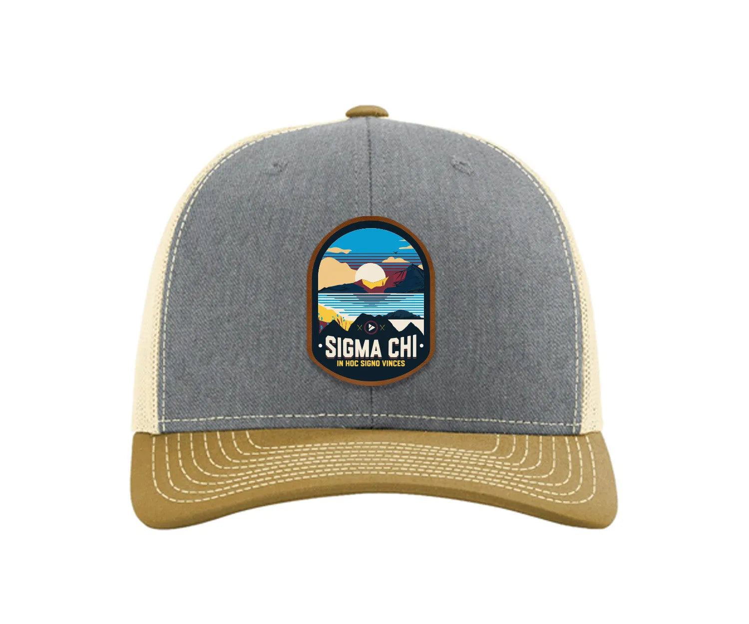 Sigma Chi Richardson 112 UV Print Leatherette Patch Trucker Hat - Ventura Heather Gray Birch Amber Gold Trucker Hat