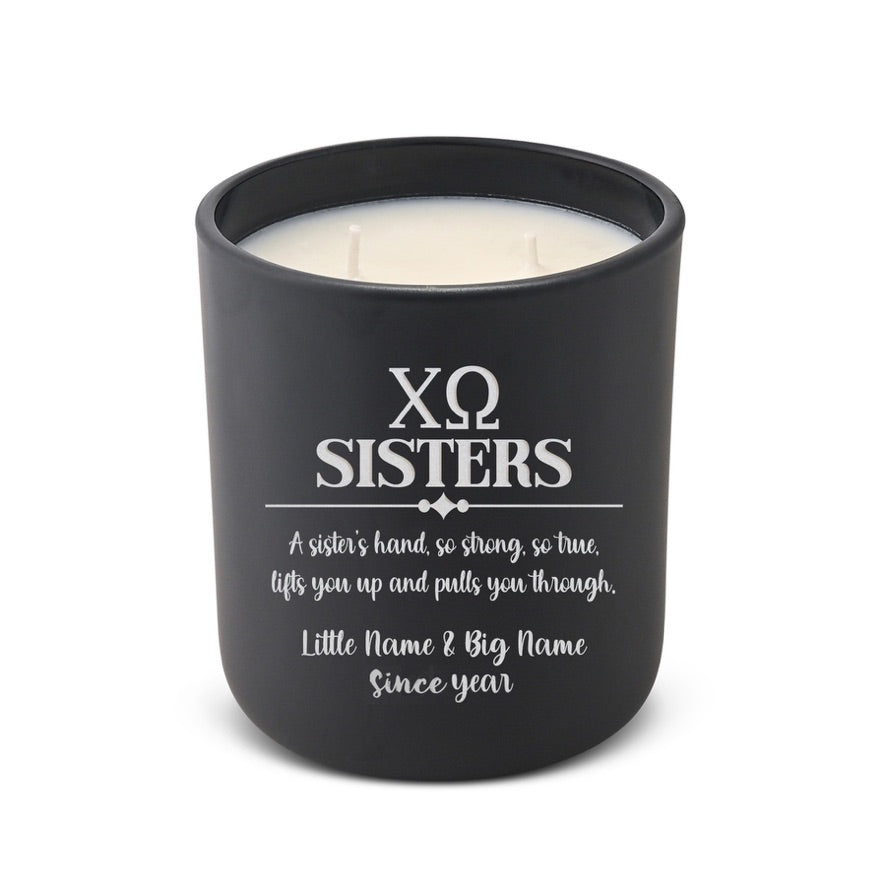 Personalized Chi Omega Laser Etched Glow Candle 12 oz. Sisters | XO
