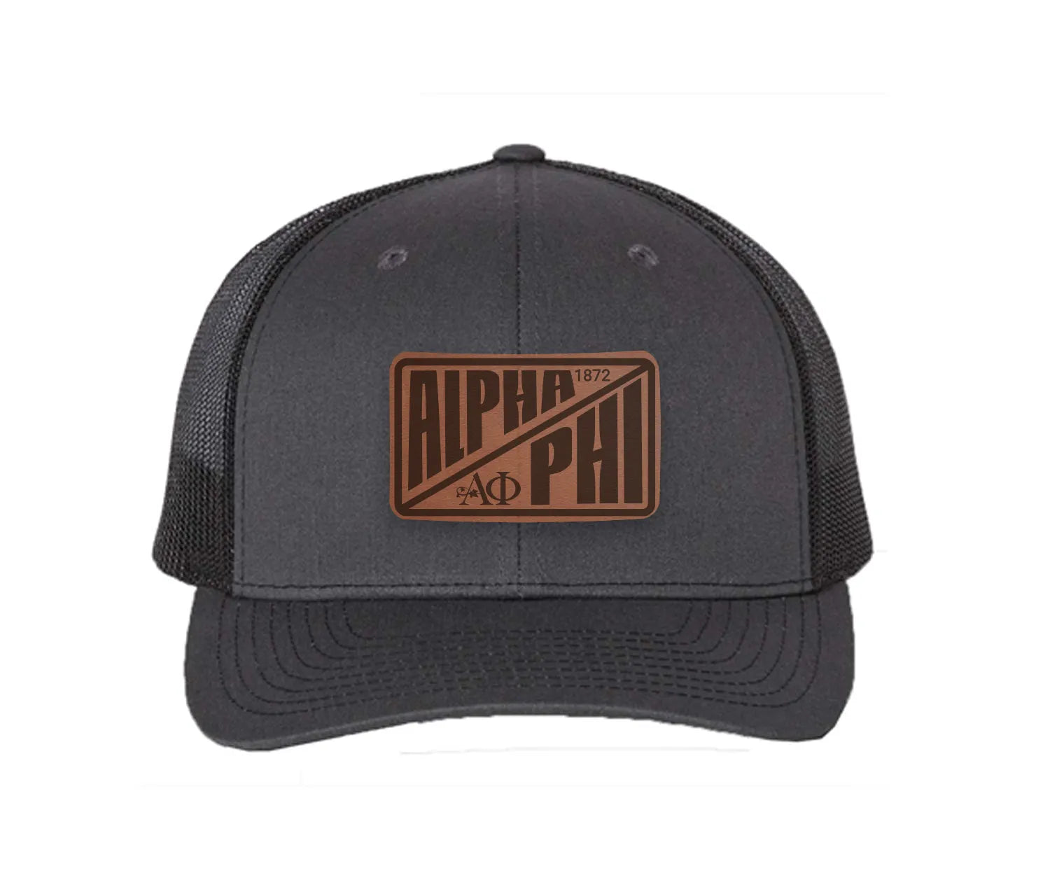 Alpha Phi Richardson 112 Leatherette Patch Trucker Hat - Divide Charcoal Black Trucker Hat