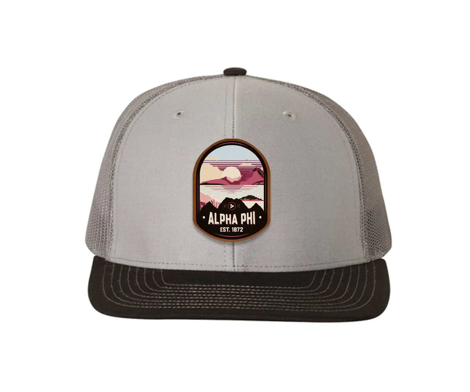 Alpha Phi Richardson 112 UV Print Leatherette Patch Trucker Hat - Ventura Gray Charcoal Black Trucker Hat