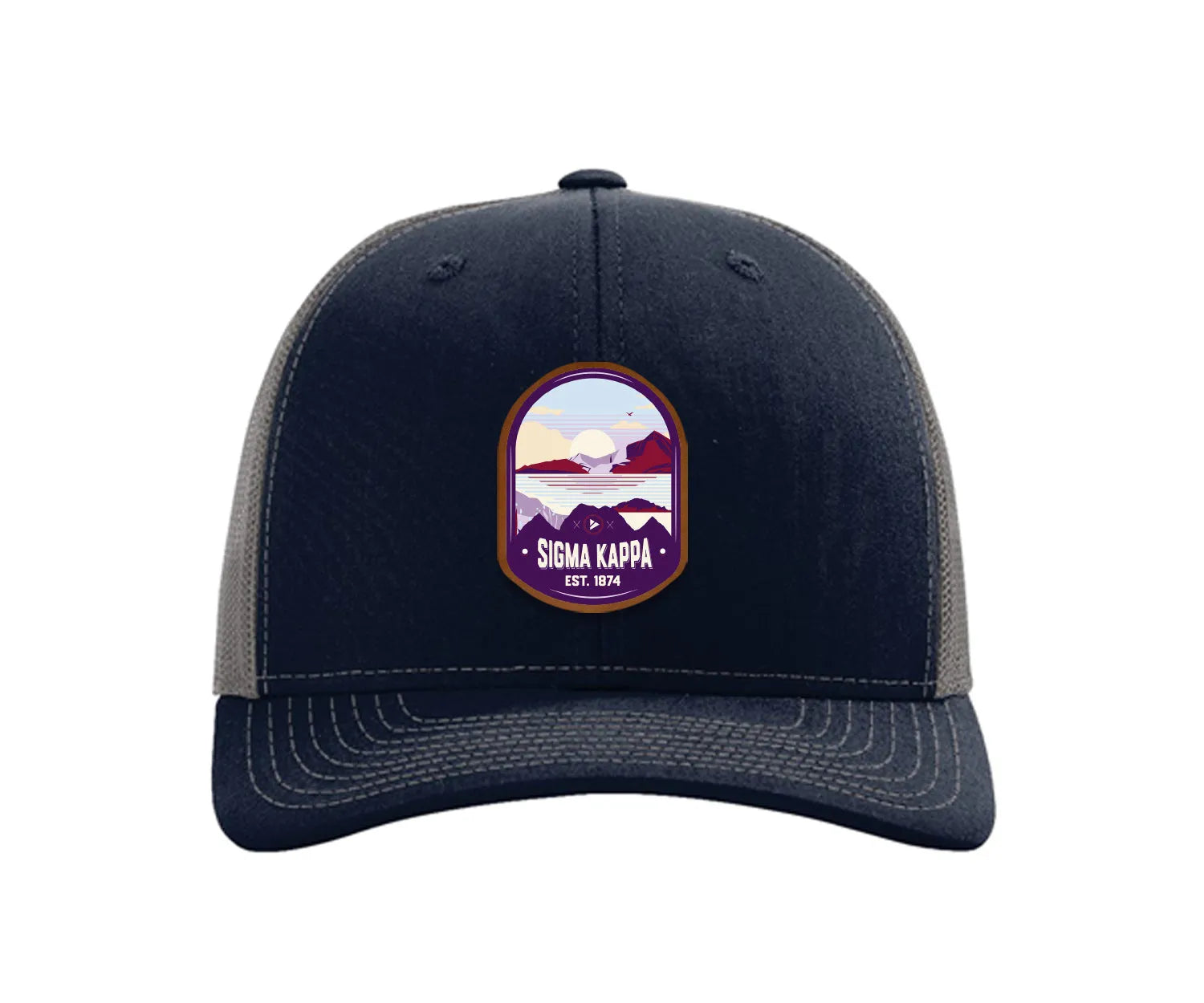 Sigma Kappa Richardson 112 UV Print Leatherette Patch Trucker Hat - Ventura Navy Charcoal Trucker Hat