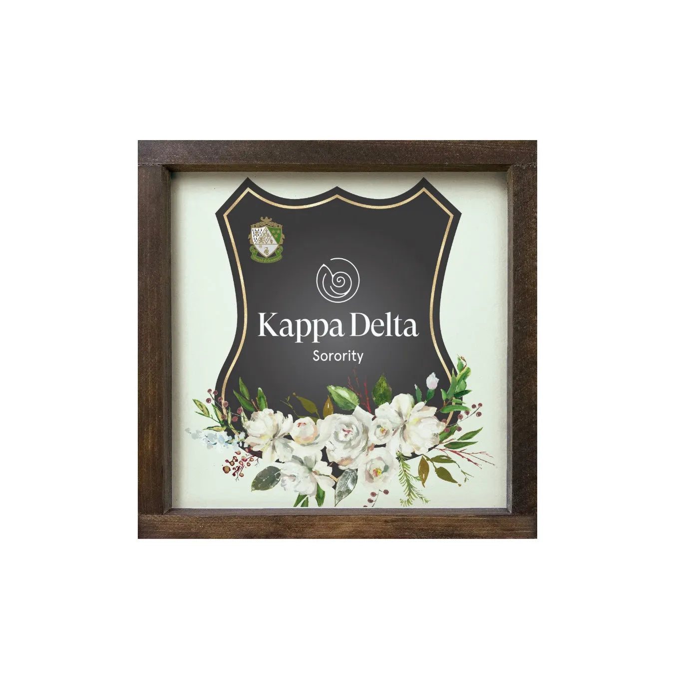 Kappa Delta 12x12 Wood Framed Sign - White Rose Frame Walnut Stain Wall Art & Signs