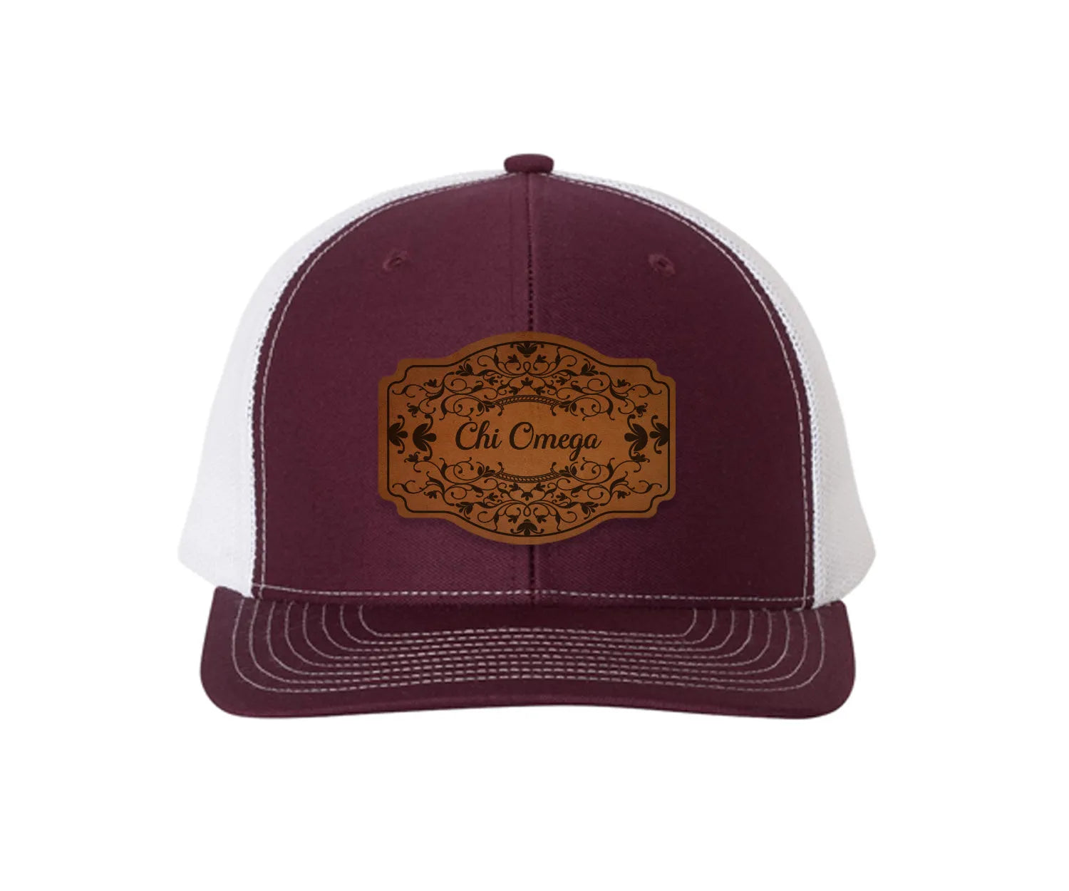 Chi Omega Richardson 112 Leatherette Patch Trucker Hat - Scroll Maroon White Trucker Hat