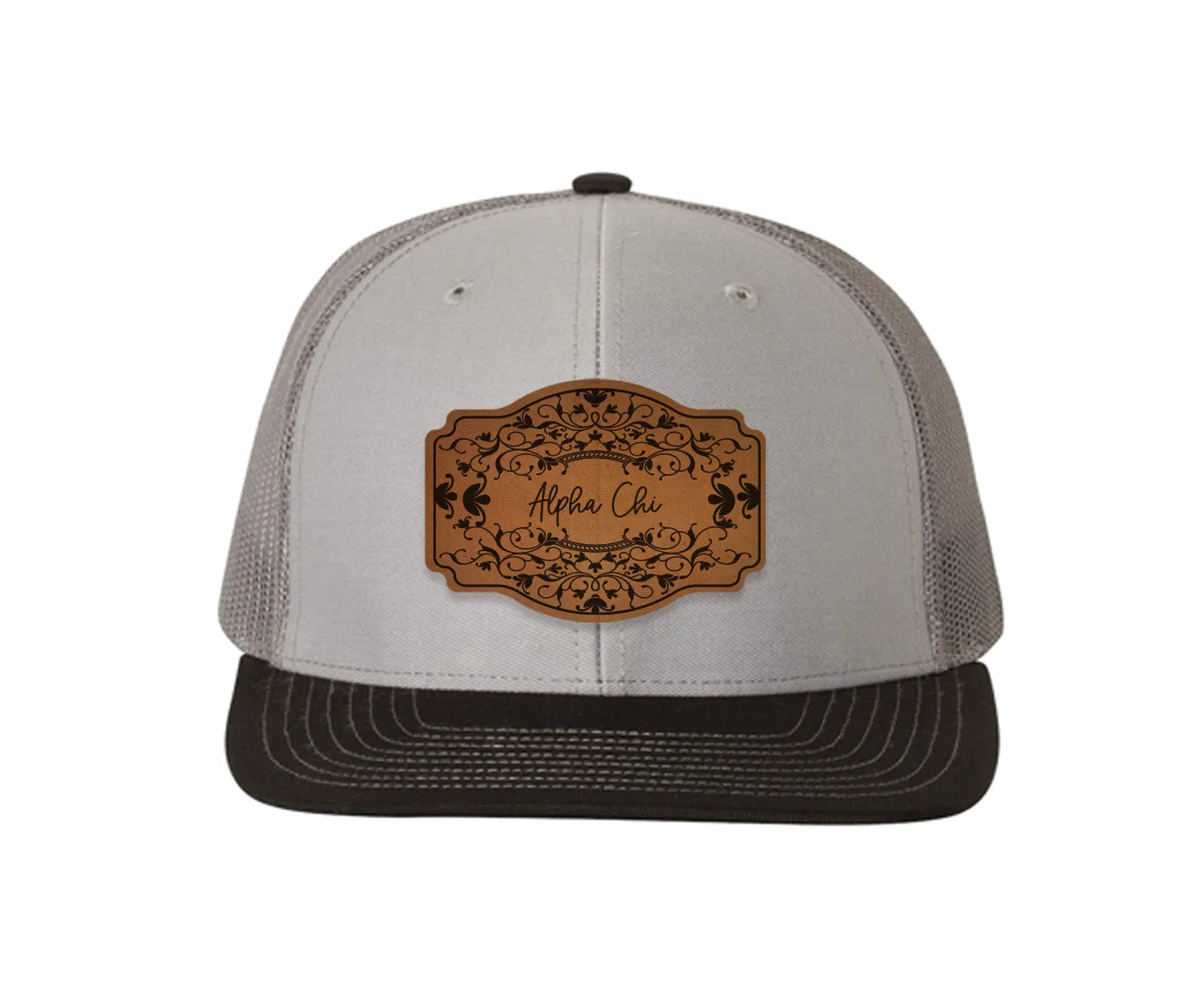 Alpha Chi Omega Richardson 112 Leatherette Patch Trucker Hat - Scroll Gray Charcoal Black Trucker Hat