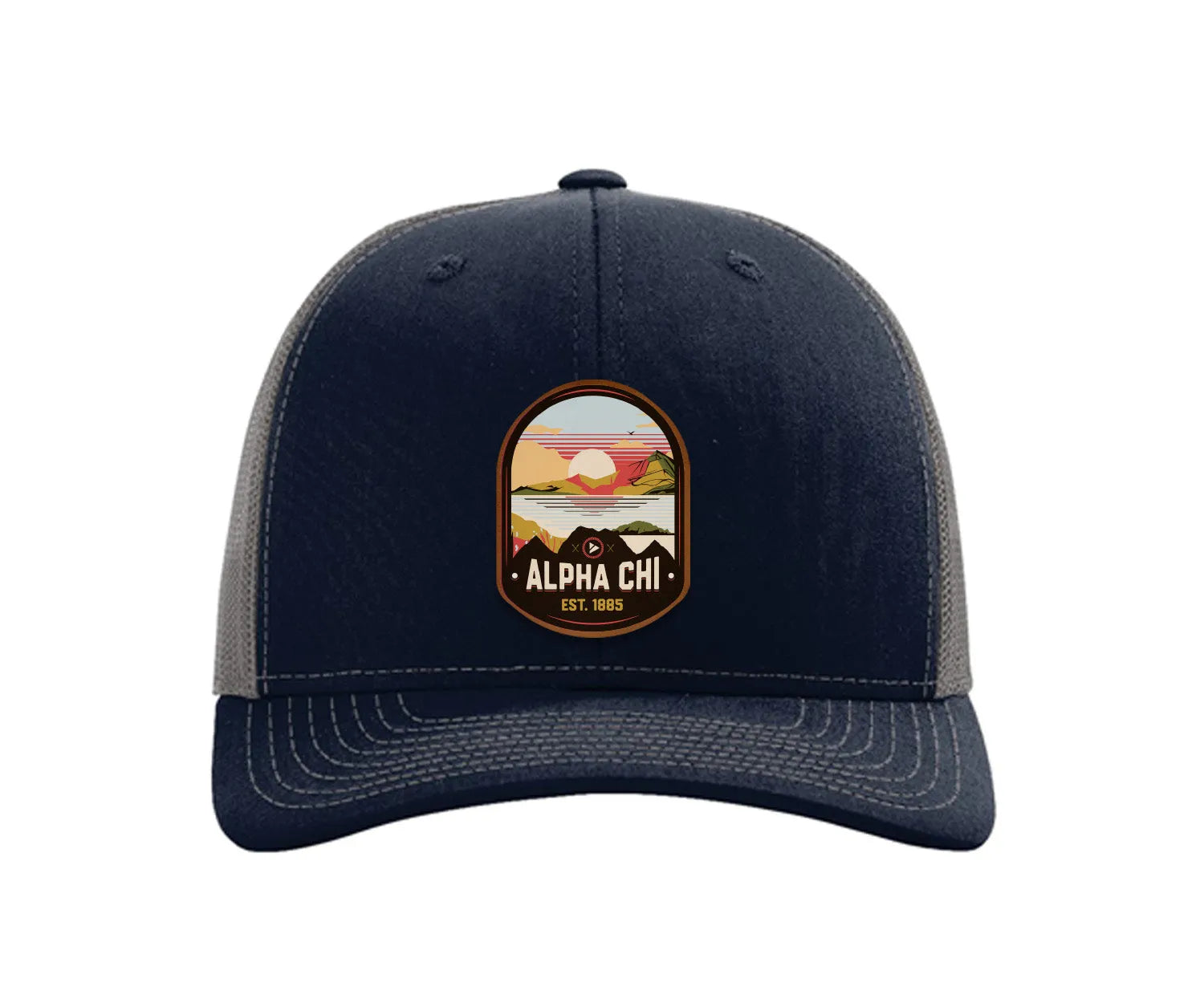 Alpha Chi Omega Richardson 112 UV Print Leatherette Patch Trucker Hat - Ventura Navy Charcoal Trucker Hat