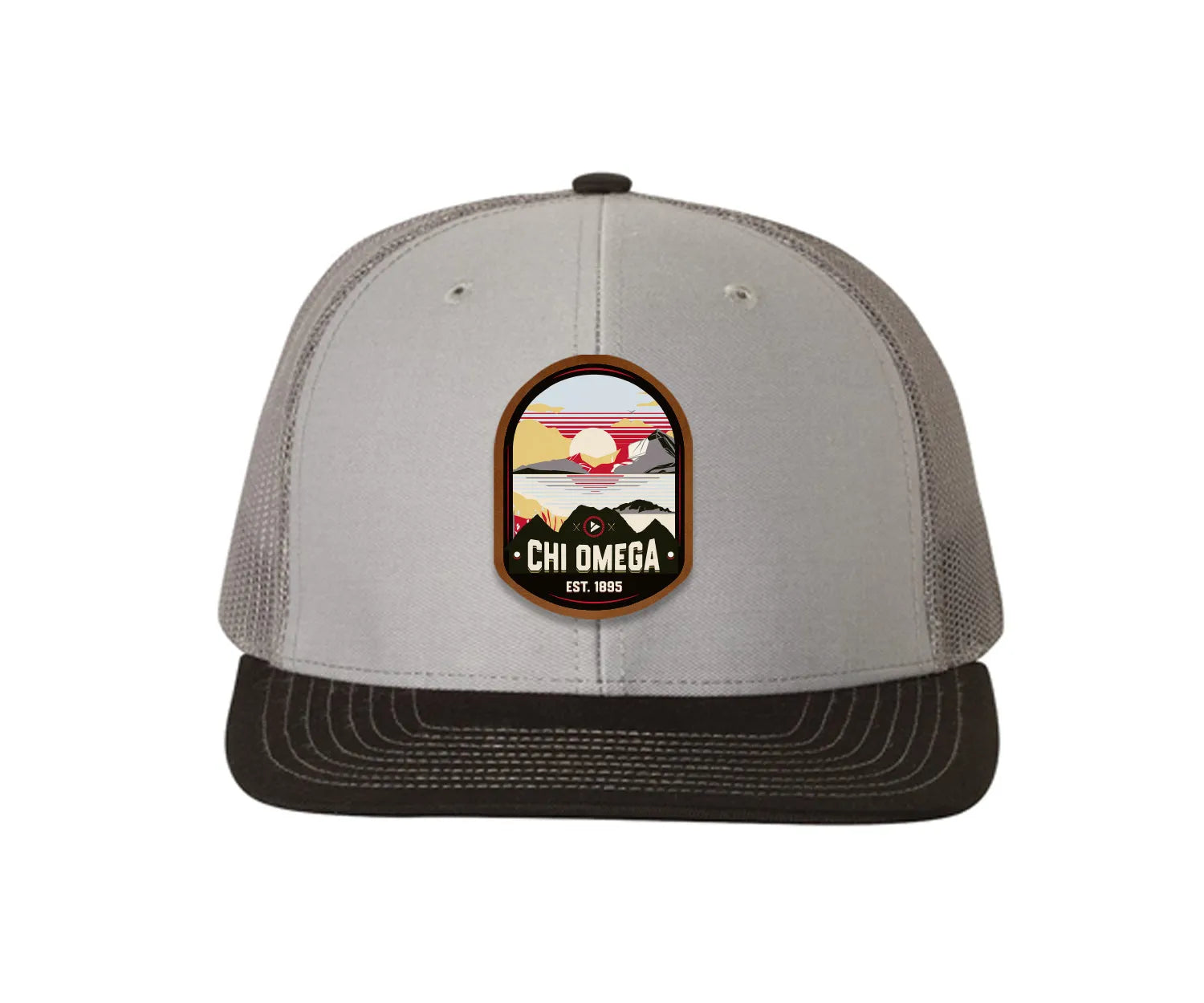 Chi Omega Richardson 112 UV Print Leatherette Patch Trucker Hat - Ventura Gray Charcoal Black Trucker Hat