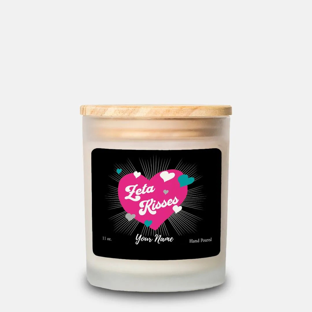 Personalized Zeta Kisses Frosted Glass Candle (Hand Poured 11 oz) Candles