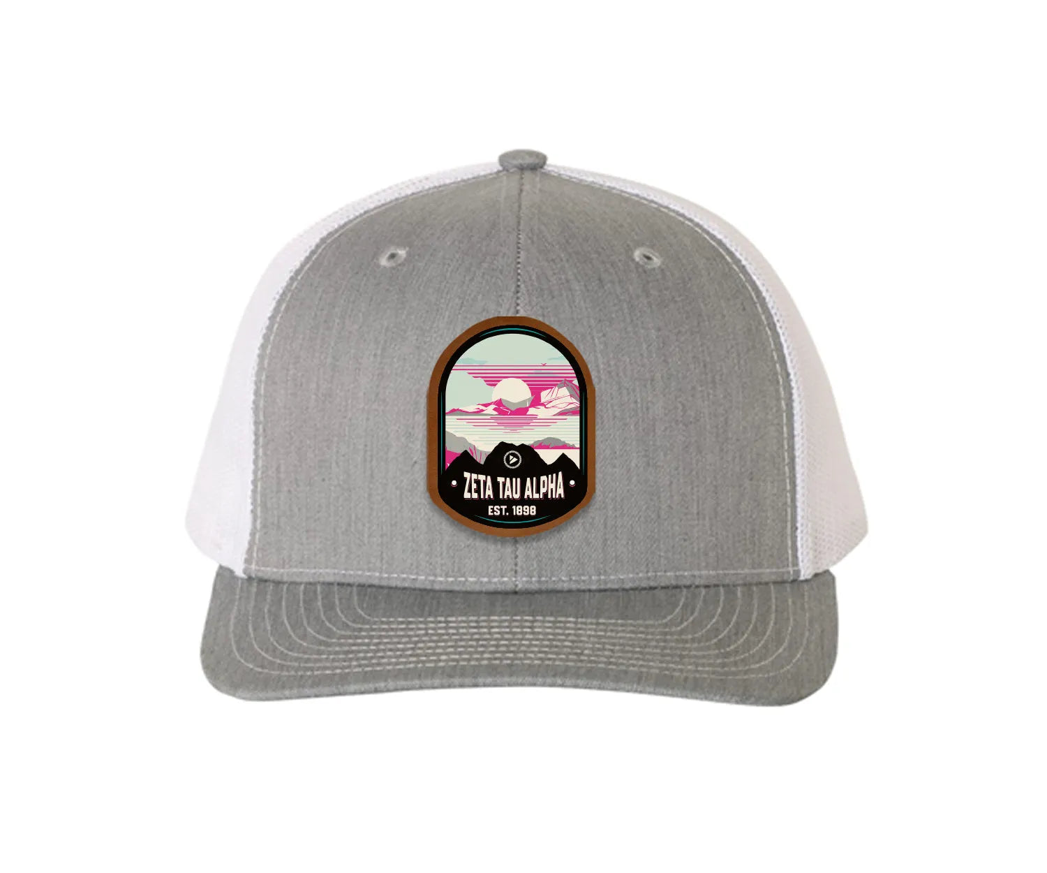 Zeta Tau Alpha Richardson 112 UV Print Leatherette Patch Trucker Hat - Ventura Heather Gray White Trucker Hat