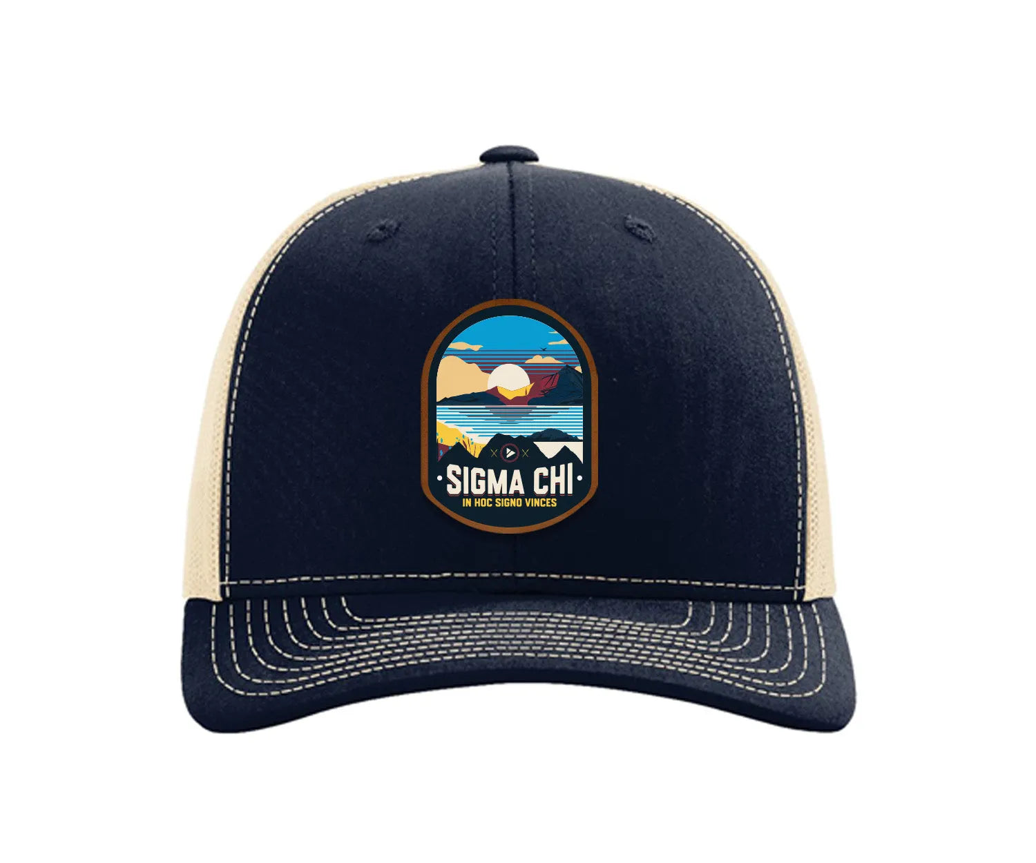 Sigma Chi Richardson 112 UV Print Leatherette Patch Trucker Hat - Ventura Navy Khaki Trucker Hat