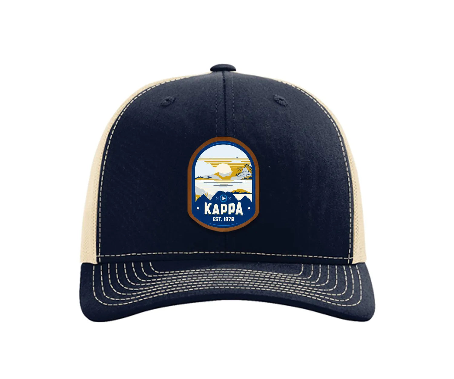 Kappa Kappa Gamma Richardson 112 UV Print Leatherette Patch Trucker Hat - Ventura Navy Khaki Trucker Hat