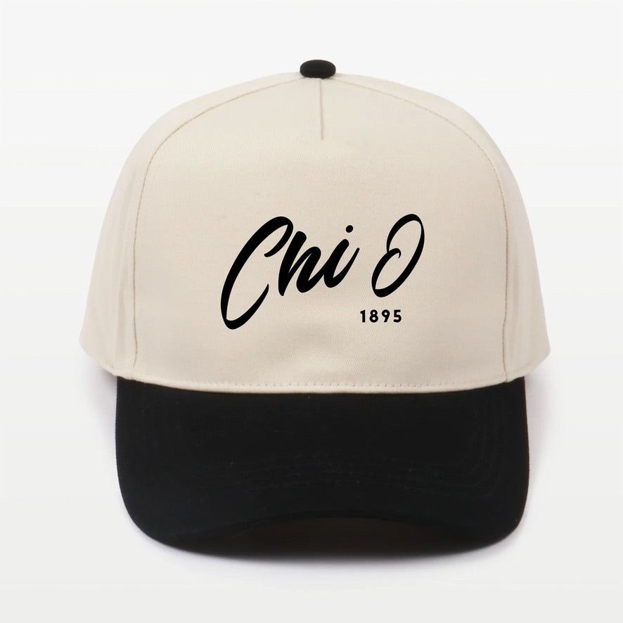 Chi O Embroidered Two-Tone Baseball Cap - Script 1895 | Chi Omega Gift
