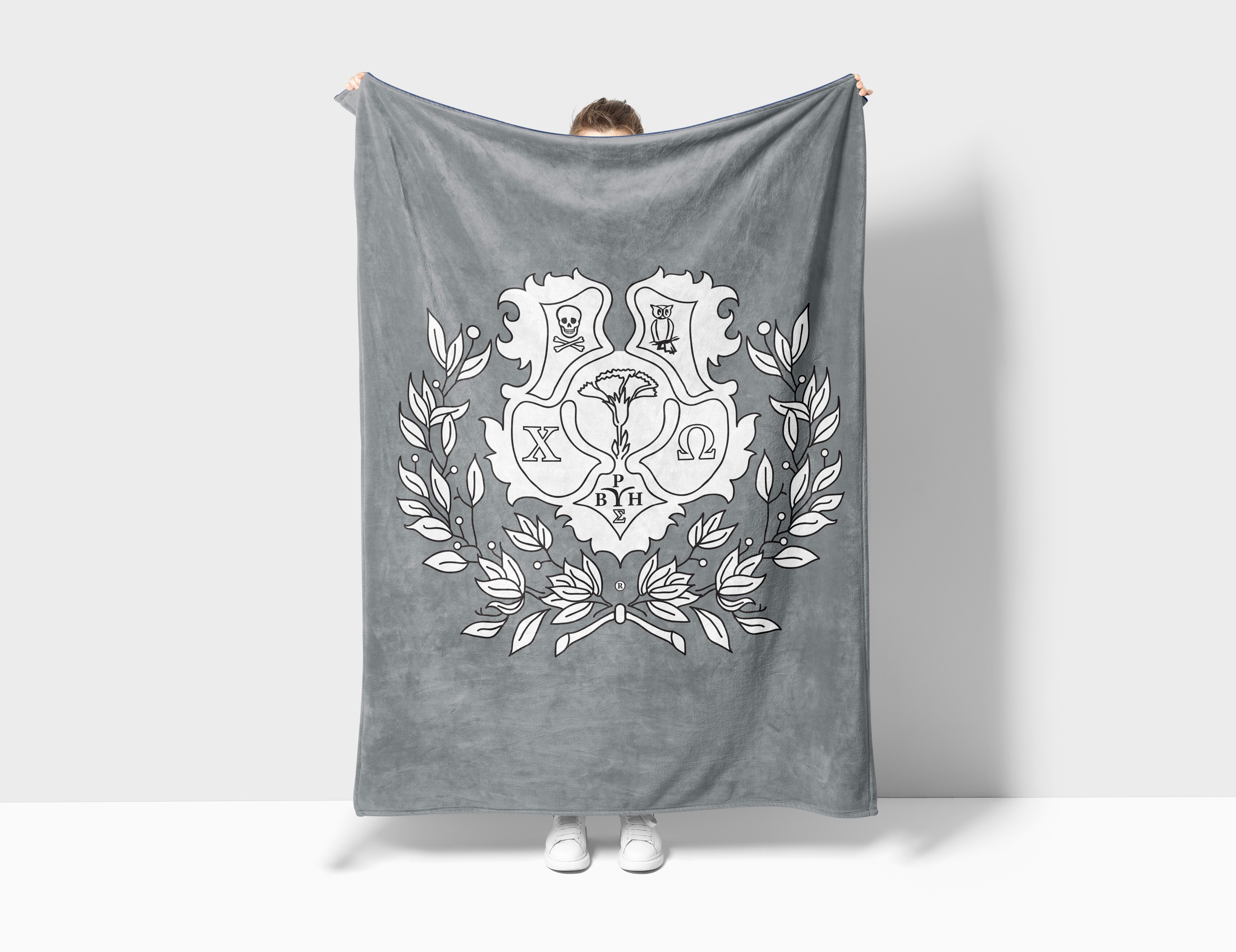Chi Omega Sherpa Blanket XL 60x80 Gray Coat of Arms | XO Gifts & Decor