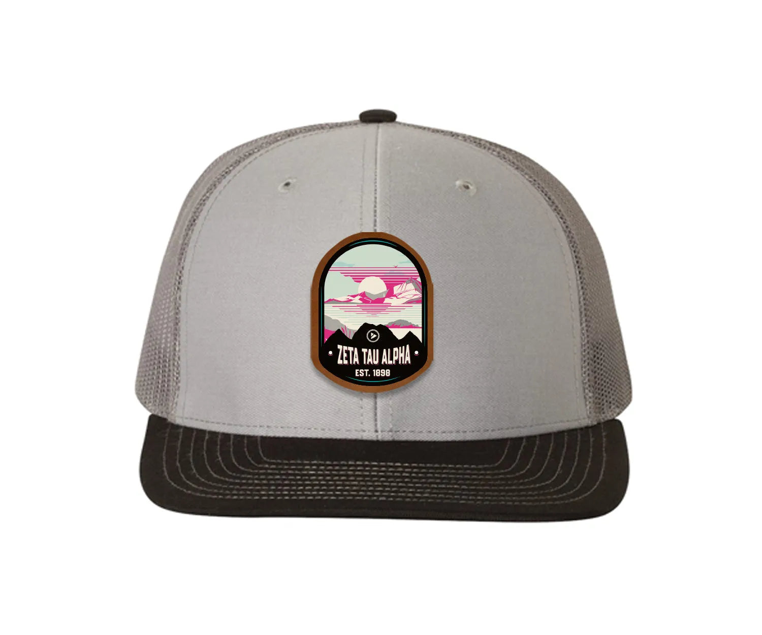 Zeta Tau Alpha Richardson 112 UV Print Leatherette Patch Trucker Hat - Ventura Gray Charcoal Black Trucker Hat