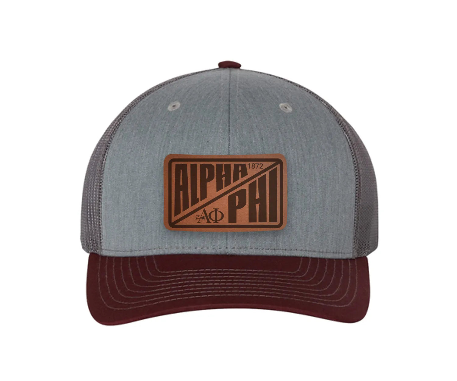 Alpha Phi Richardson 112 Leatherette Patch Trucker Hat - Divide Heather Gray Charcoal Maroon Trucker Hat