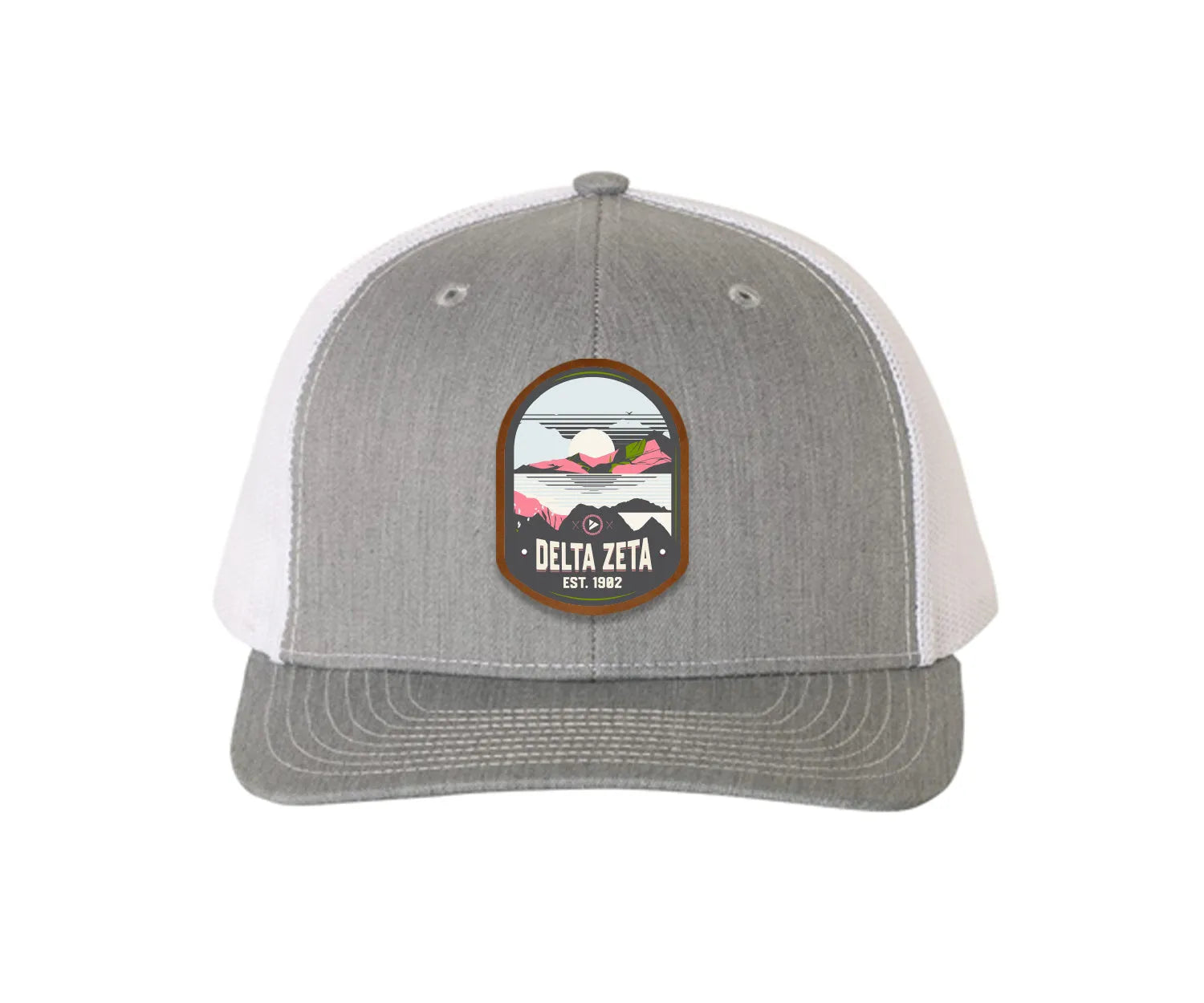 Delta Zeta Richardson 112 UV Print Leatherette Patch Trucker Hat - Ventura Heather Gray White Trucker Hat