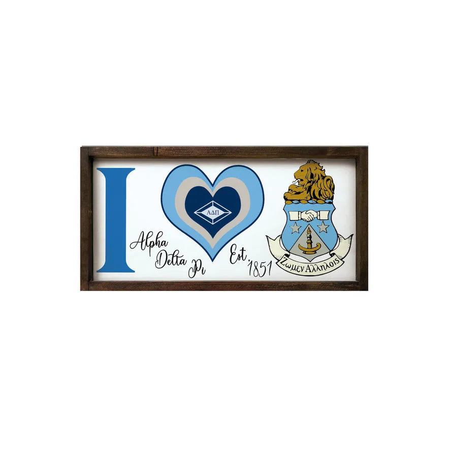 Alpha Delta Pi 12x24 Wood Framed Sign - "I Heart" Walnut Stain Wall Art & Signs