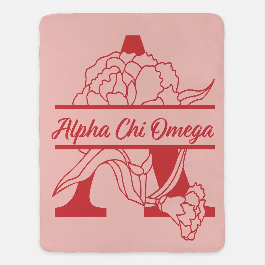 Alpha Chi Omega XL 60x80 Sherpa Blanket - Carnation Monogram | AXO