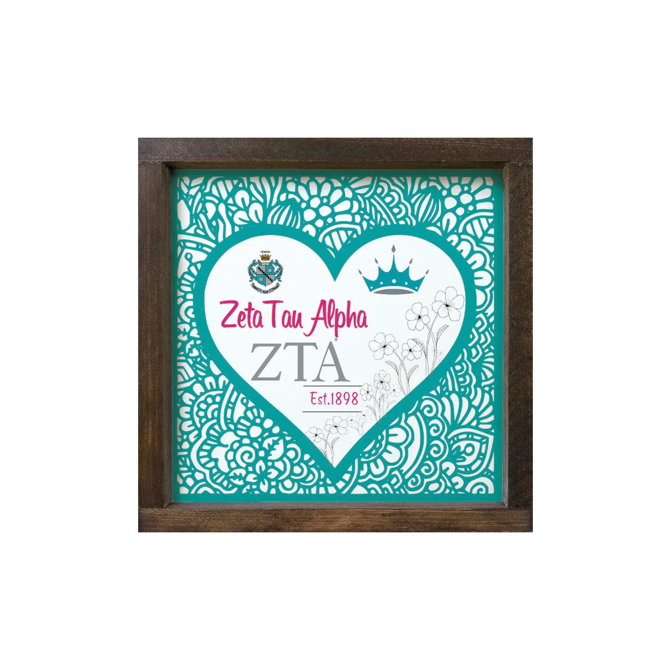 Zeta Tau Alpha 12x12 Wood Framed Sign - Turquoise Mandala Heart Walnut Stain Wall Art & Signs
